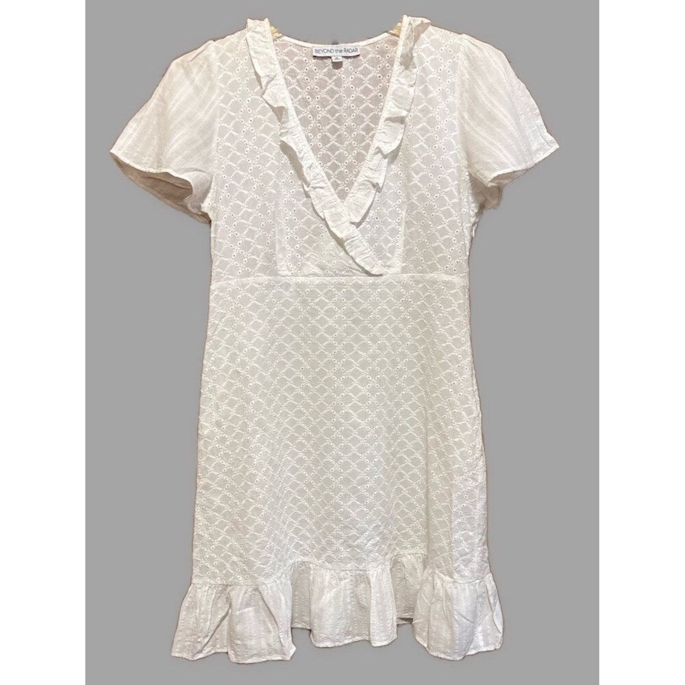 Beyond the Radar Women’s White Ruffled V-Neck Eyelet Embroidery and Ruffle Dress